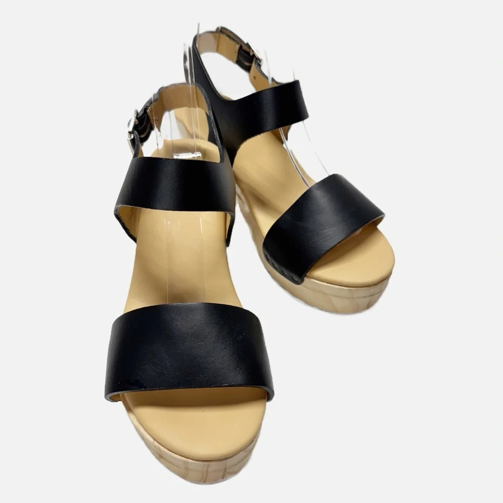 Nisolo Black Leather Platform Sandal with Wood Heel